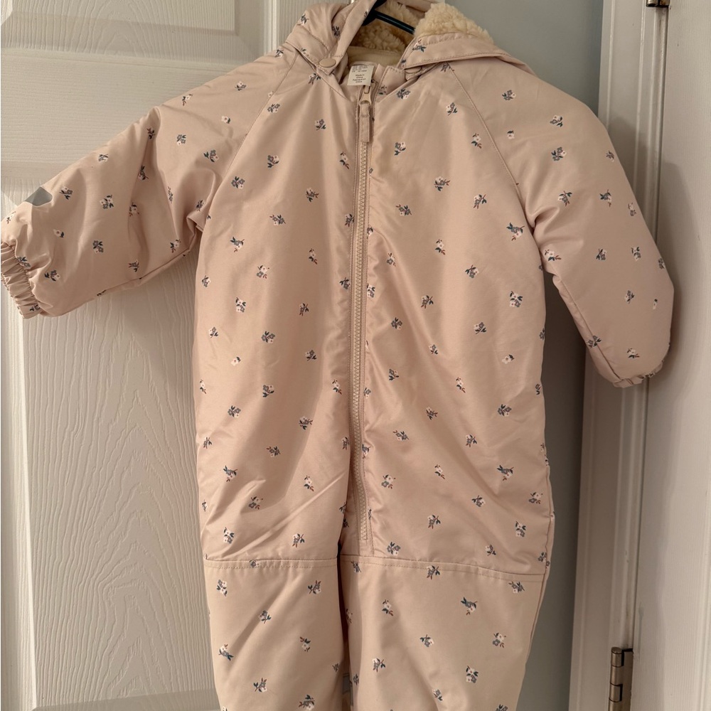 Tan Hooded Baby Snowsuit with Floral Print